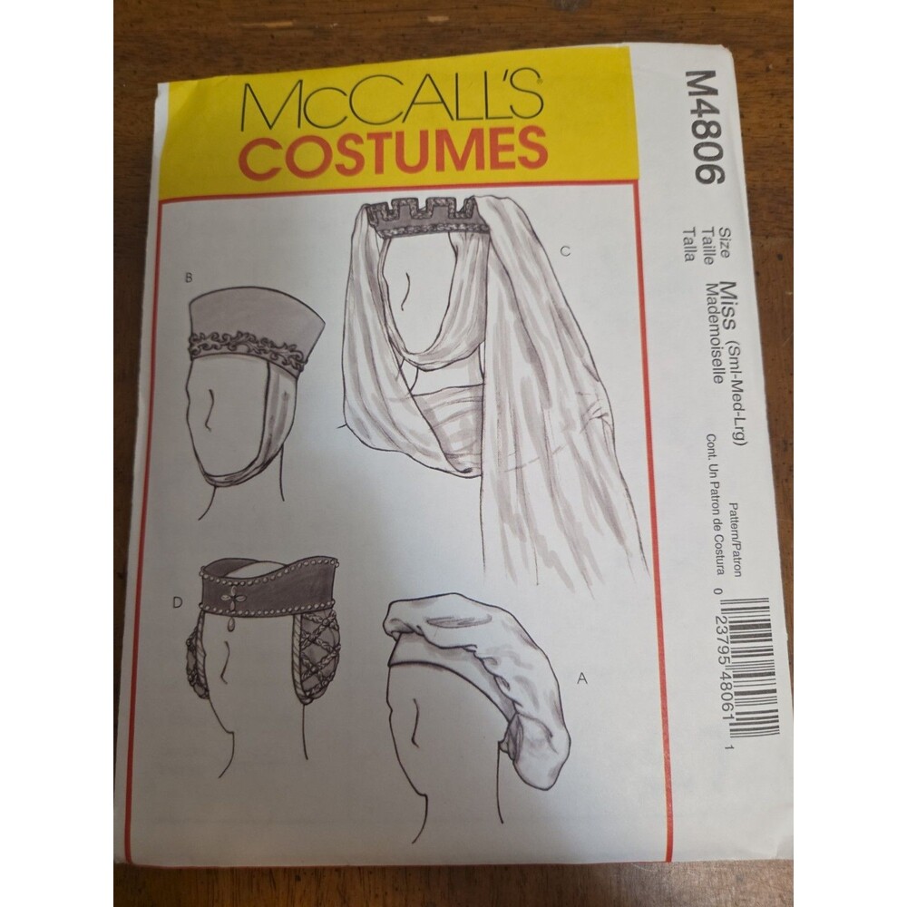 Mccalls M4806 Sewing Pattern Miss Medieval Renaissance Hats Costume S-M-L Uncut